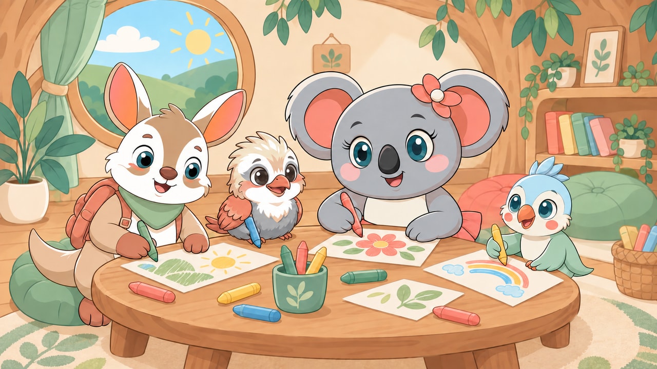 Lola, Piou, Wally et Lily dessinent ensemble dans leur atelier coloré
